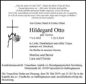 Traueranzeigen Von Hildegard Otto Trauer In NRW De