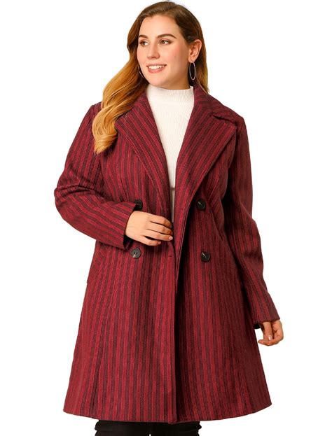 Womens Plus Size Notched Lapel Double Breasted Striped Winter Long