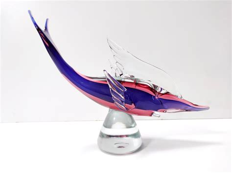 Vintage Large Pink And Blue Murano Glass Swordfish Ascribable To Seguso