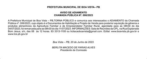 Prefeitura Municipal De Boa Vista Pb Aviso De Adiamento Chamada