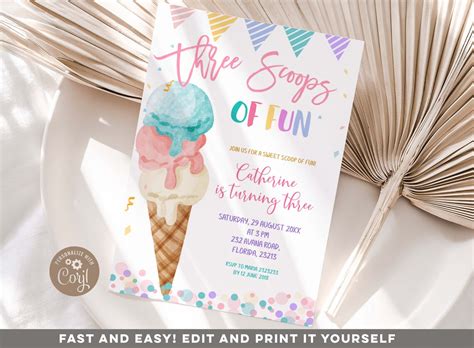 Editable Three Scoops Of Fun 3rd Birthday Party Invitation Etsy