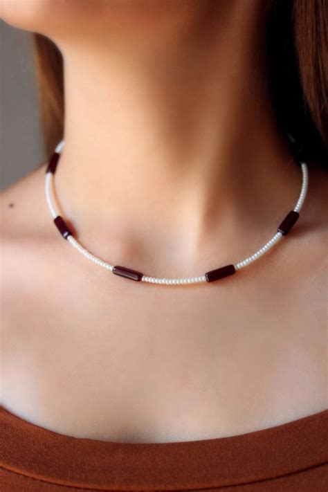 White Seed Beads Choker Necklace With Dark Red Glass Beads Etsy