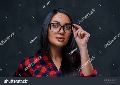 Studio Portrait Brunette Female Eyeglasses Dressed Stock Photo Edit Now