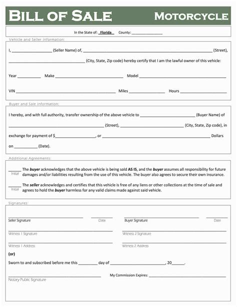 Free Florida Motorcycle Bill Of Sale Template Fillable Forms