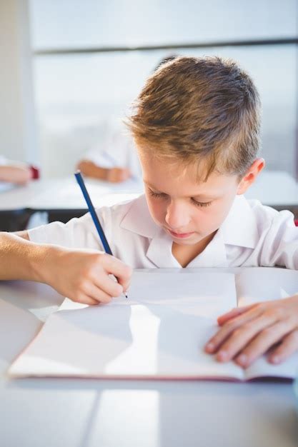 Colegial Haciendo La Tarea En El Aula Foto Premium