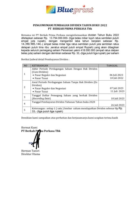 Pengumuman Pembagian Dividen Tahun Buku 2022 Hubungan Investor