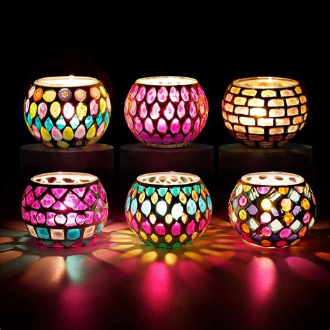 Toptime Tea Light Candle Holders Set Of 6 Mosaic Glass Candle Holder Coloured Tealight Holders