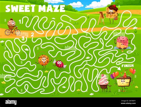 Labyrinth maze game, cartoon dessert sweet cookie and cake characters ...