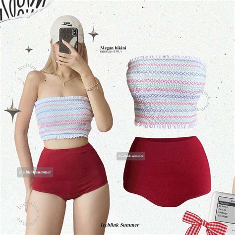 ICEBLINK l Megan bikini บกนเกาะอกผกเชอกไขวหลง กางเกงสแดงเอวสงปดกน พรอมสง