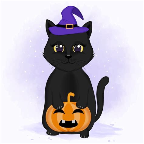 かわいい黒猫とカボチャの手描きハロウィンイラスト プレミアムベクター