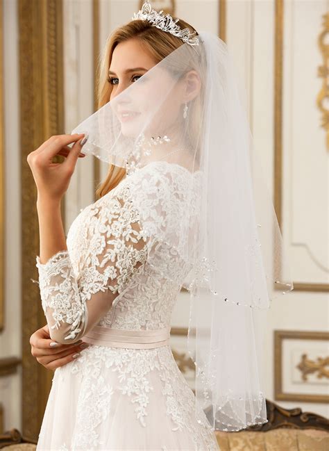 Two Tier Beaded Edge Elbow Bridal Veils With Beading Sequin 006034328