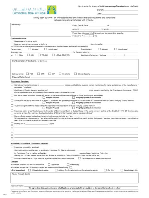 Fillable Online Application For Irrevocable Documentary Standby Letter