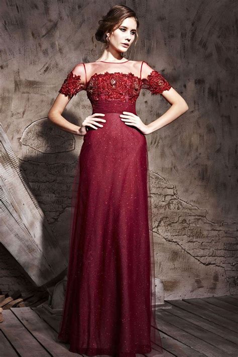 Wine Red Evening Dresses Jewil Short Sleeve Lace Appliques Ankle Length