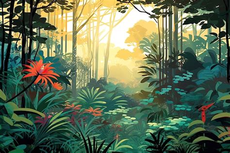 Ilustraci N Vectorial De Una Hermosa Escena De Selva Tropical Iluminada