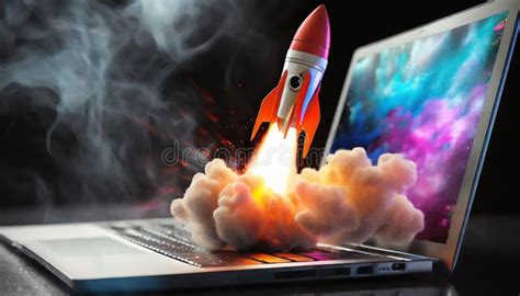 Futuristic Rocket Ship Take Off Launching From Sleek Silver Laptop