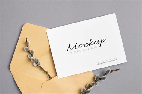 Premium Psd Spring Greeting Card Mockup With Envelope And Pussy Willow Twigs
