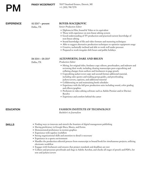 Production Editor Resume Samples Velvet Jobs