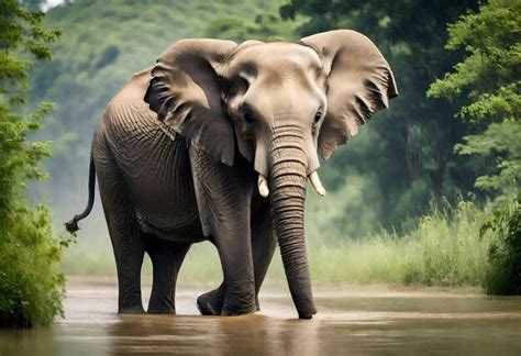 premium photo  elephant  tusks standing   river  trees