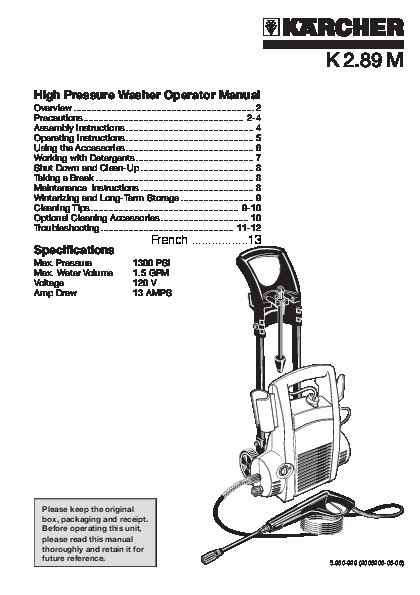 Kärcher K 289 M Electric Power High Pressure Washer Owners Manual