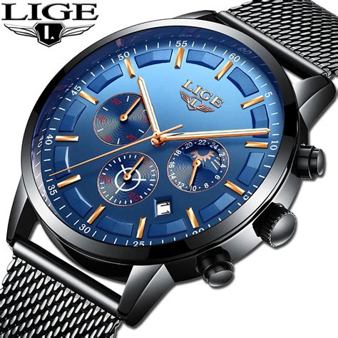 2019 Lige Mens Watches Top Brand Luxury Casual Quartz Watch Men Fashion Moon Phase Mesh Belt