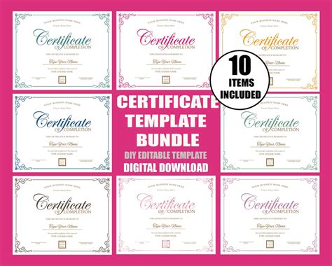 Editable Certificate of Completion Template Bundle, Multi Color ...