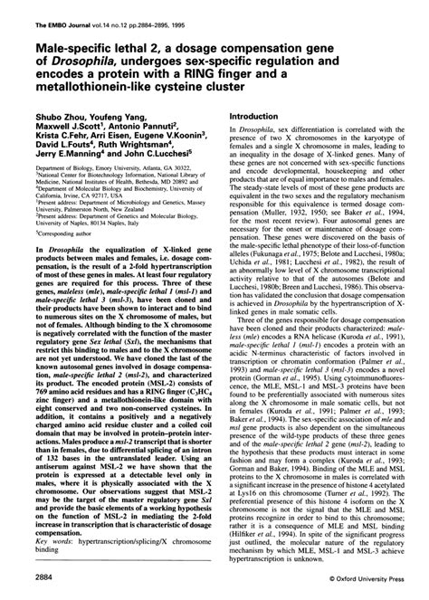 PDF Male Specific Lethal A Dosage Compensation Gene Of Drosophila Undergoes Sex Specific