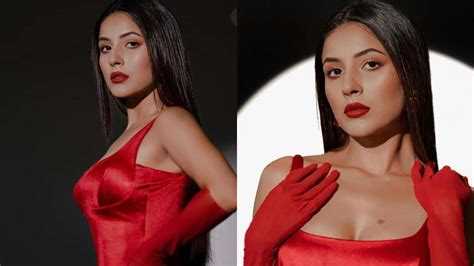 In Pics Shehnaaz Gill Raises The Temperature In Red Thigh High Slit