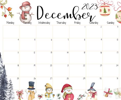 EDITABLE December 2023 Calendar Beautiful Winter Cute Snowman