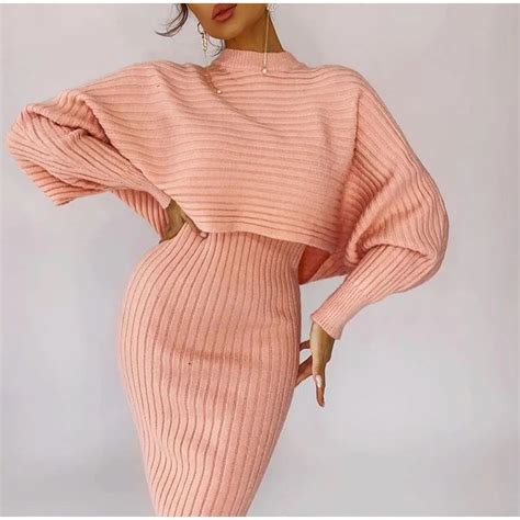 Kukombo Women Elegant Slim Two Piece Sets Female Sweater Dress Autumn