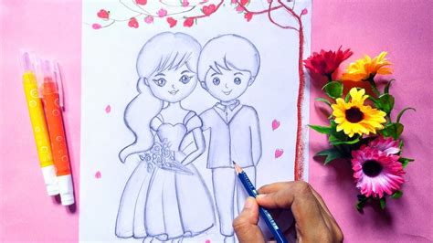 Cute Handmade Wedding Card Drawing How To Draw Cute Wedding Couple