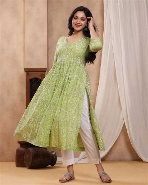 Green Dabu Hand Block Printed Gathered Kurti Baisacrafts