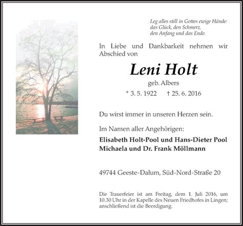 Traueranzeigen Von Leni Holt Noz Trauerportal