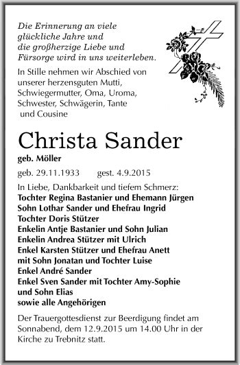 Traueranzeigen Von Christa Sander Abschied Nehmen De