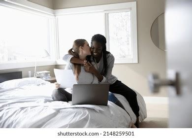 Affectionate Lesbian Couple Hugging Kissing Working Stock Photo Shutterstock