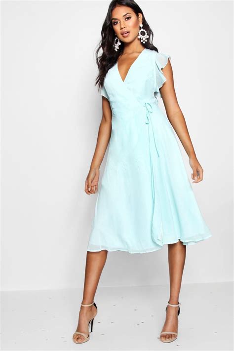 Chiffon Ruffle Skater Wrap Bridesmaid Dress Midi Bridesmaid Dress