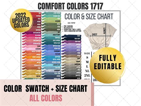 Editable Comfort Colors Color Swatch Size Chart For Etsy