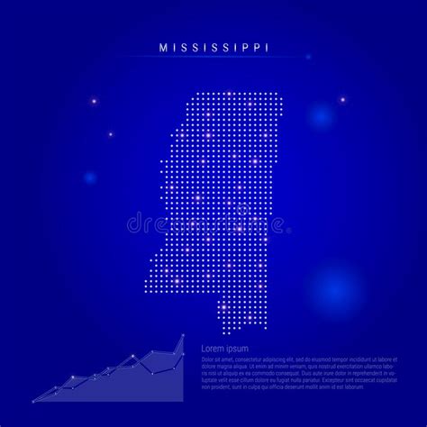 Mississippi Us State Illuminated Map With Glowing Dots Dark Blue Space