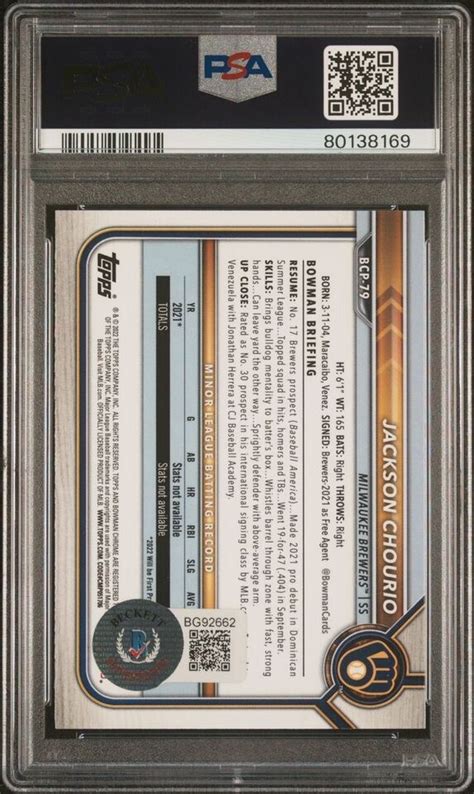 Jackson Chourio Brewers Auto Signed St Bowman Psa Graded Gem Mnt