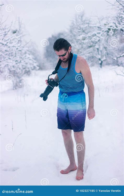 Naked Man With Camera Stand In The Winter Forest Stock Image Image Of Hairy Model 102327185