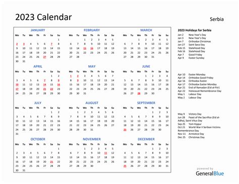 Calendar With Holidays For Serbia