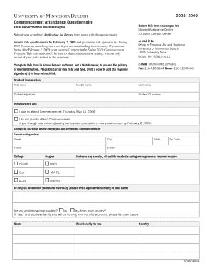 Fillable Online D Umn Commencement Attendance Questionnaire Fax Email