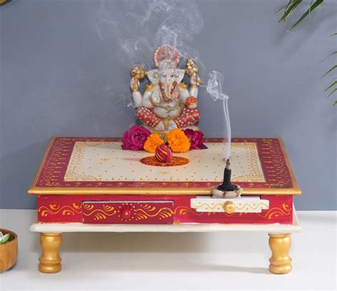 Buy Mdf And Sheesham Wood Pooja Chowki With Drawer White At Off