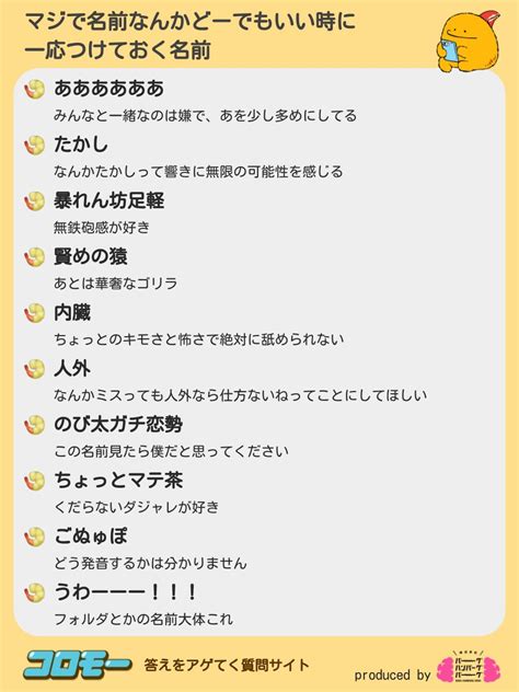 コロモー On Twitter みんながアゲてくれた『名前なんかどーでもいい時に、一応つけておく名前』