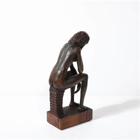 Mid Century Hand Carved Seated Female Nude Sculpture In Walnut Signed Aldo Calo High Style Deco