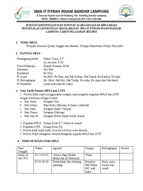 Susunan Kepanitiaan Dan Susunan Acara Kegiatan Mpls Pdf