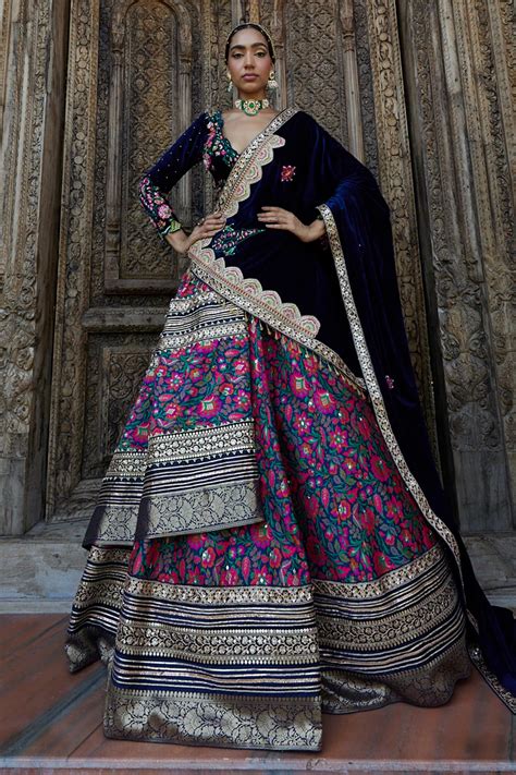 Buy Blue Lehenga Silk Printed Floral Motifs Plunge V Neck Panelled Set