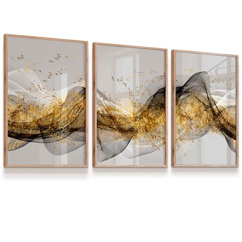 Quadro Decorativo Abstrato Dourado Preto Kit 3 Quadros Art Parede