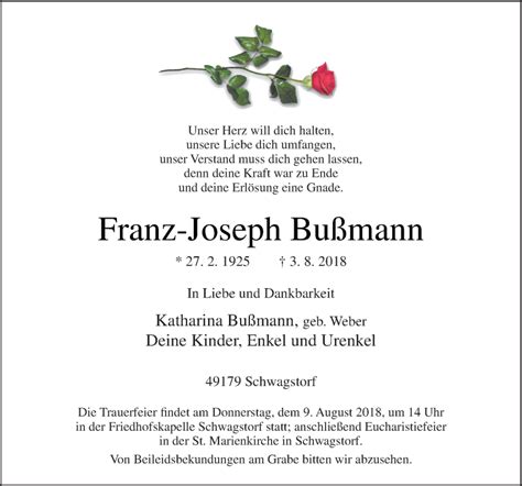 Traueranzeigen von Franz Joseph Bußmann noz Trauerportal