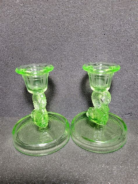 ANTIQUE PAIR OF TIFFIN VASELINE URANIUM GLASS CANDLE HOLDERS 4 5 TALL