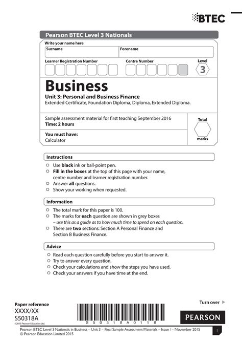 Sample Assessment Material Unit 3 Personal And Business Finance Turn Over Centre